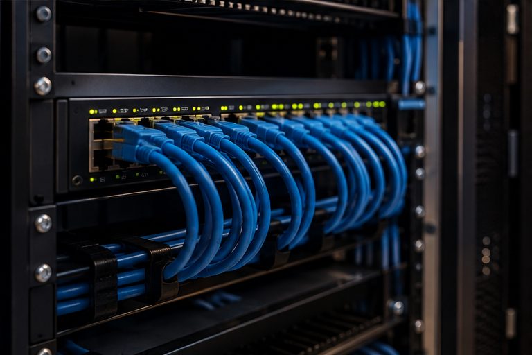 Przełącznik sieciowy z kablami Ethernet